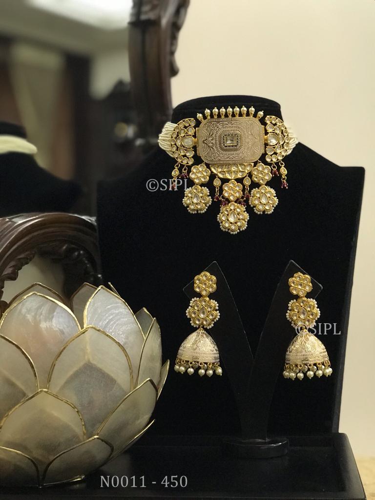 Kundan Meenakari Necklace Set - Handmade Brass, 1 Micro Gold Plating | Featuring Dangle Earrings, Imitation Pearls, Crystal And Onyx Stones, Perfect For Weddings And Anniversaries