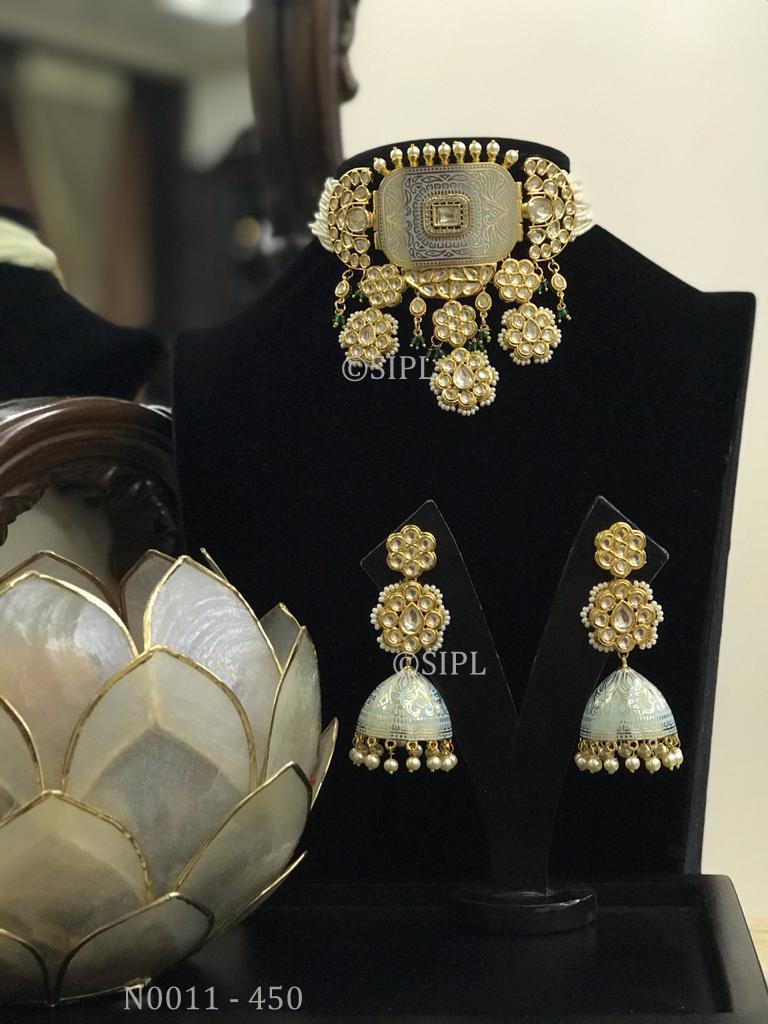 Kundan Meenakari Necklace Set - Handmade Brass, 1 Micro Gold Plating | Featuring Dangle Earrings, Imitation Pearls, Crystal And Onyx Stones, Perfect For Weddings And Anniversaries