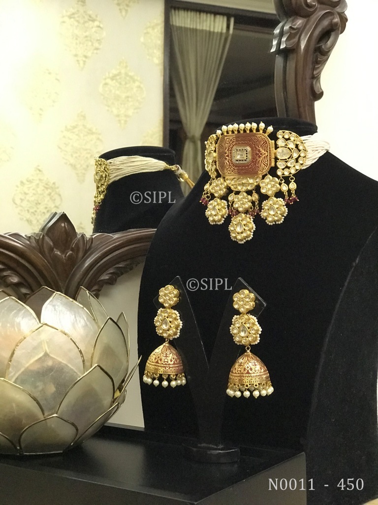Kundan Meenakari Necklace Set - Handmade Brass, 1 Micro Gold Plating | Featuring Dangle Earrings, Imitation Pearls, Crystal And Onyx Stones, Perfect For Weddings And Anniversaries