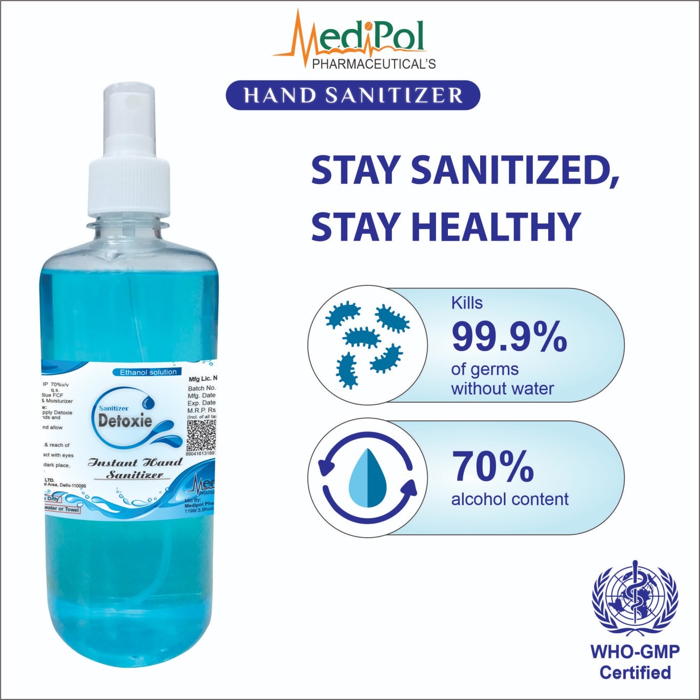 500 Ml Detoxie Instant Liquid Hand Sanitizer - Alcohol I.p. 70% V/v Gel, Blue | Kills 99.9% Germs Quickly, Softens Hands, For All Ages