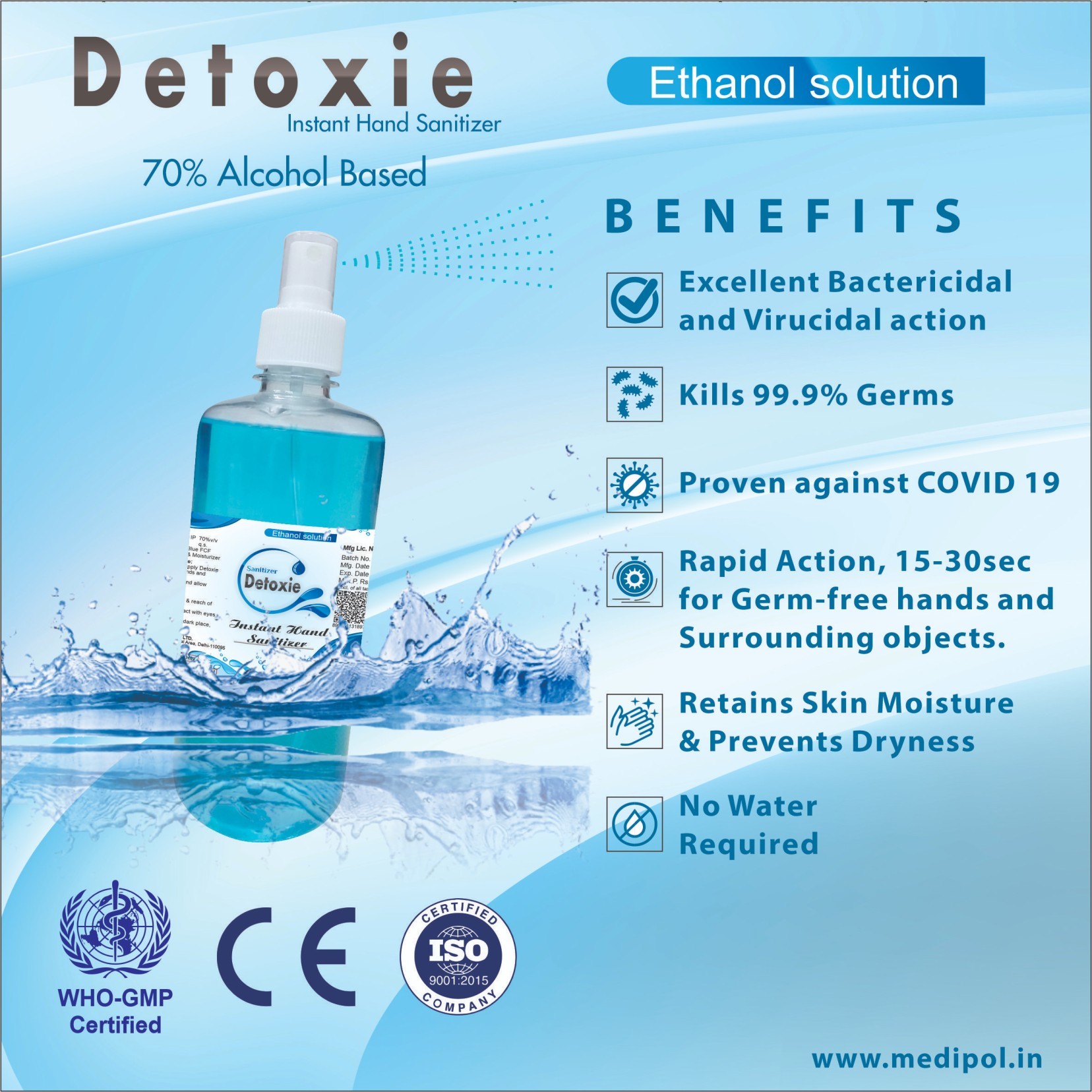 500 Ml Detoxie Instant Liquid Hand Sanitizer - Alcohol I.p. 70% V/v Gel, Blue | Kills 99.9% Germs Quickly, Softens Hands, For All Ages