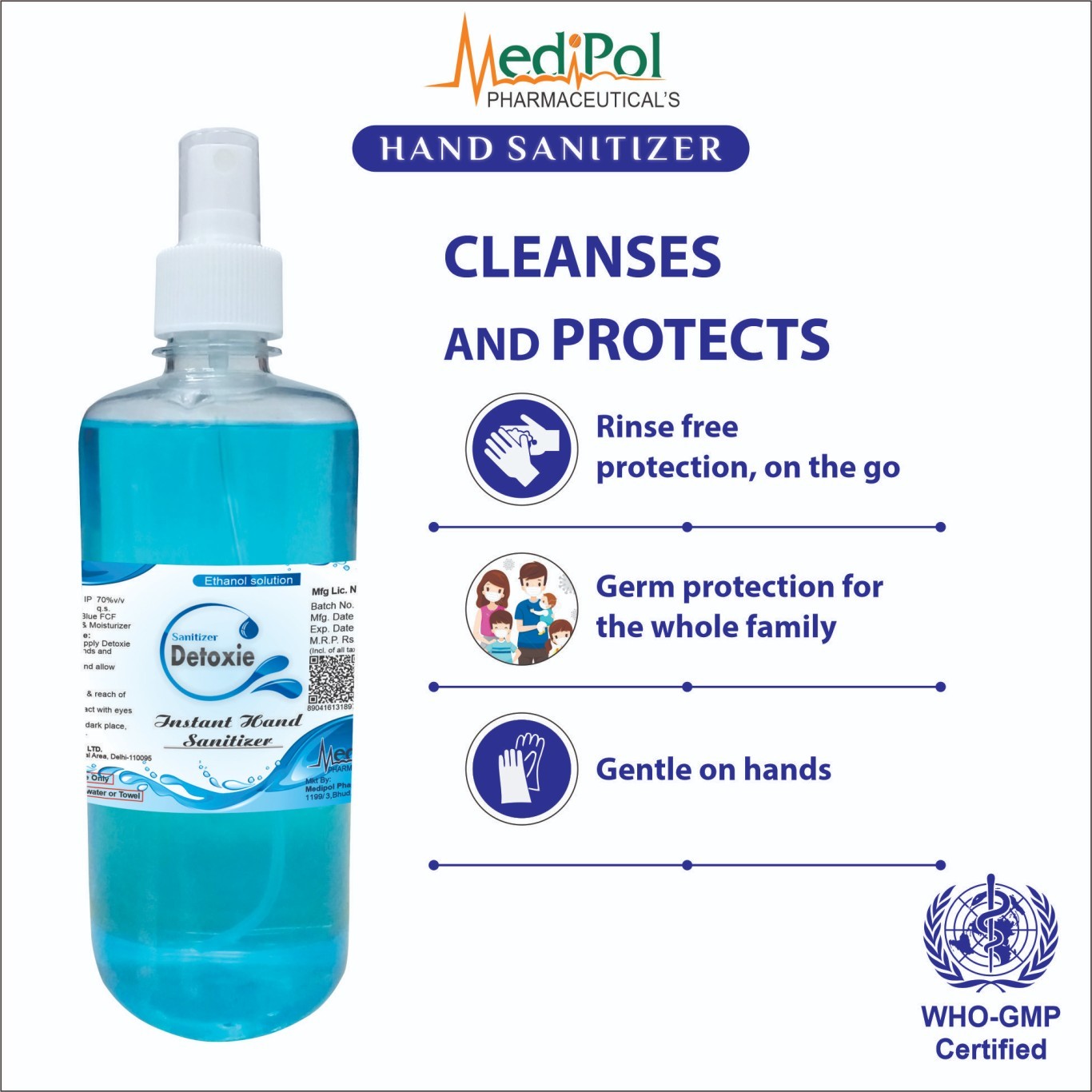 500 Ml Detoxie Instant Liquid Hand Sanitizer - Alcohol I.p. 70% V/v Gel, Blue | Kills 99.9% Germs Quickly, Softens Hands, For All Ages