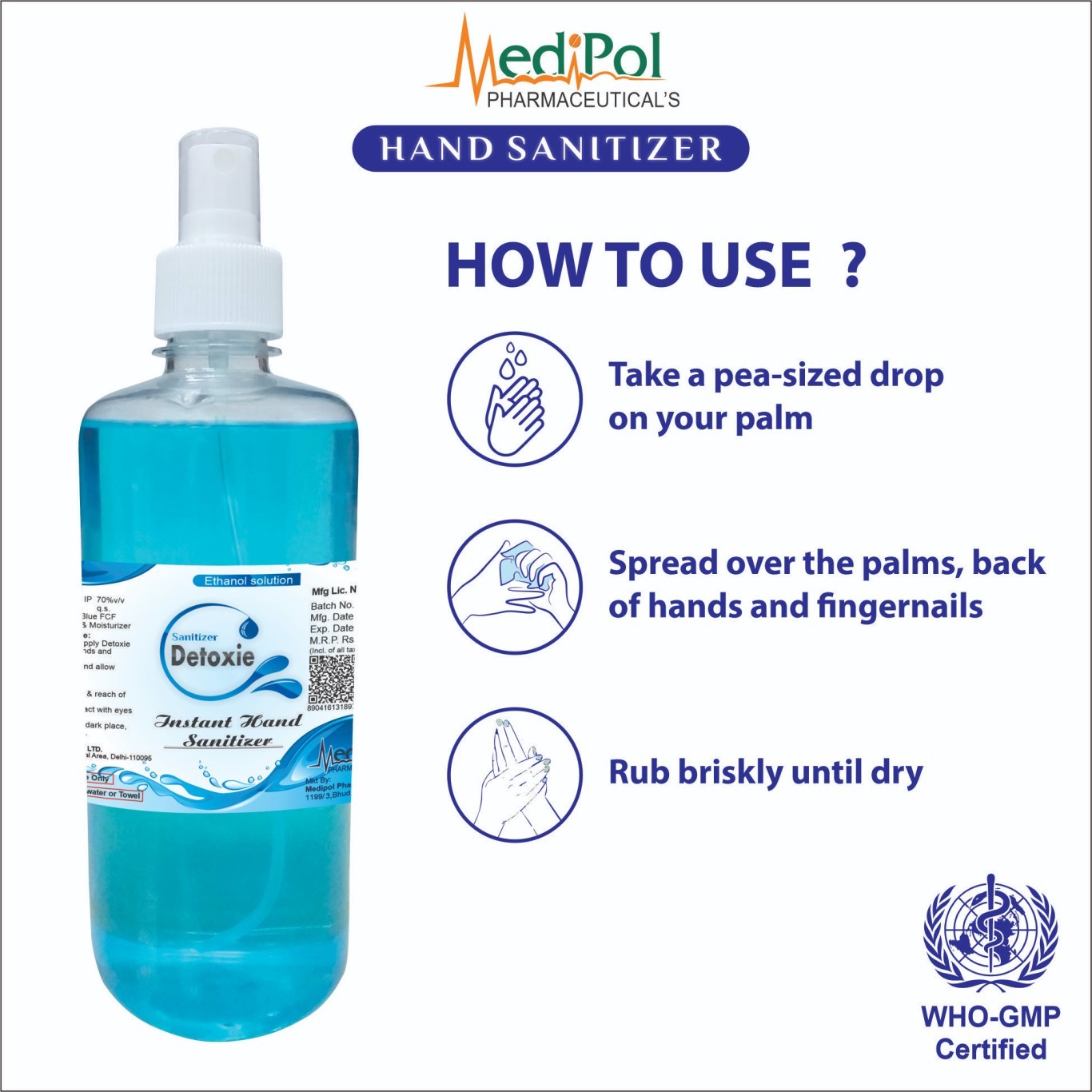 500 Ml Detoxie Instant Liquid Hand Sanitizer - Alcohol I.p. 70% V/v Gel, Blue | Kills 99.9% Germs Quickly, Softens Hands, For All Ages