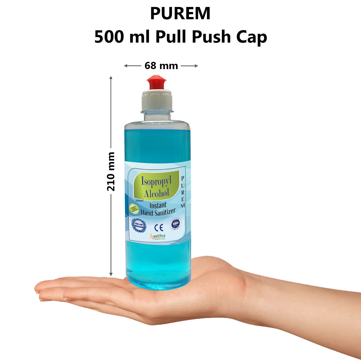 500 Ml Purem Isopropyl Alcohol Instant Hand Sanitizer - 500 Ml Volume, Blue Color, Shelf Life 24 Months | For All Ages, Moisturizing Formula