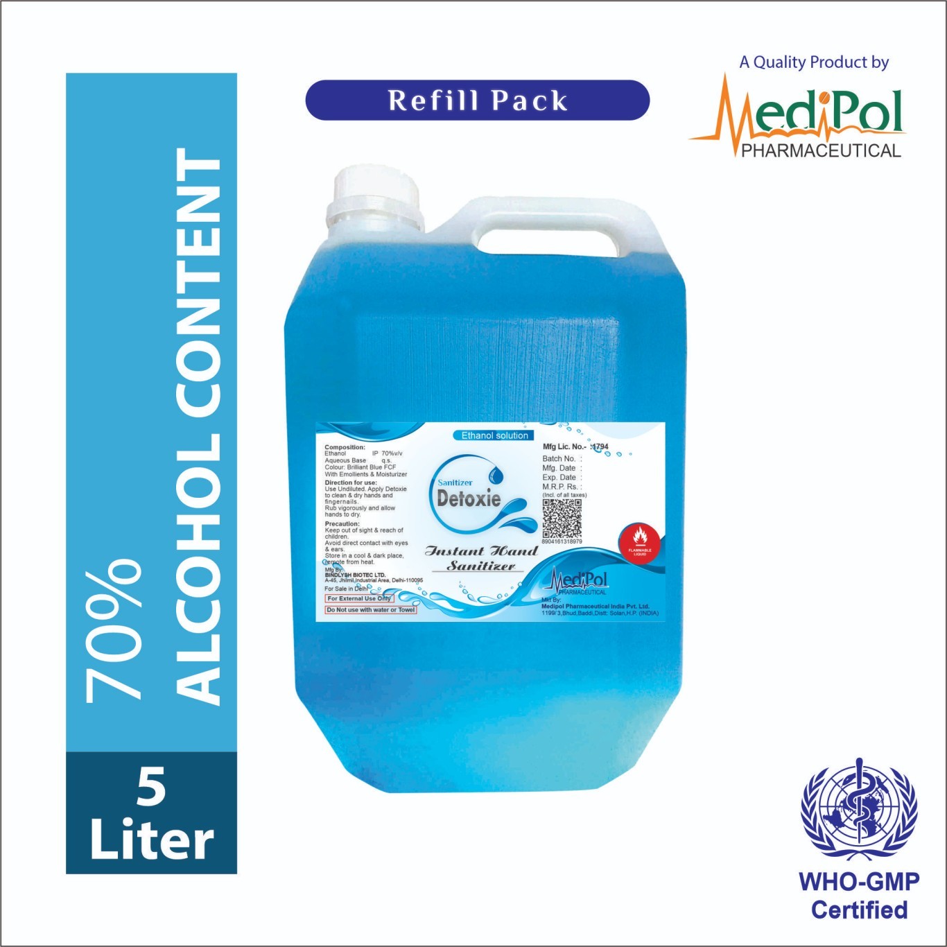 5000 Ml Detoxie Instant Hand Sanitizer - Gel Base With 70% Alcohol Content , Kills 99.9% Germs In 20-30 Seconds, Suitable For All Ages