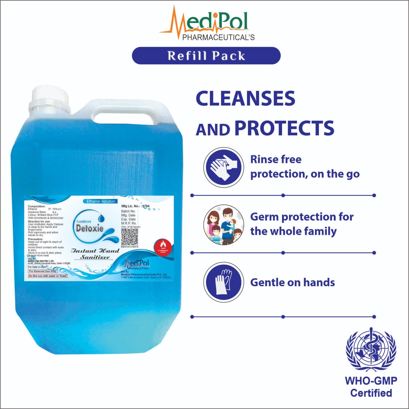 5000 Ml Detoxie Instant Hand Sanitizer - Gel Base With 70% Alcohol Content , Kills 99.9% Germs In 20-30 Seconds, Suitable For All Ages