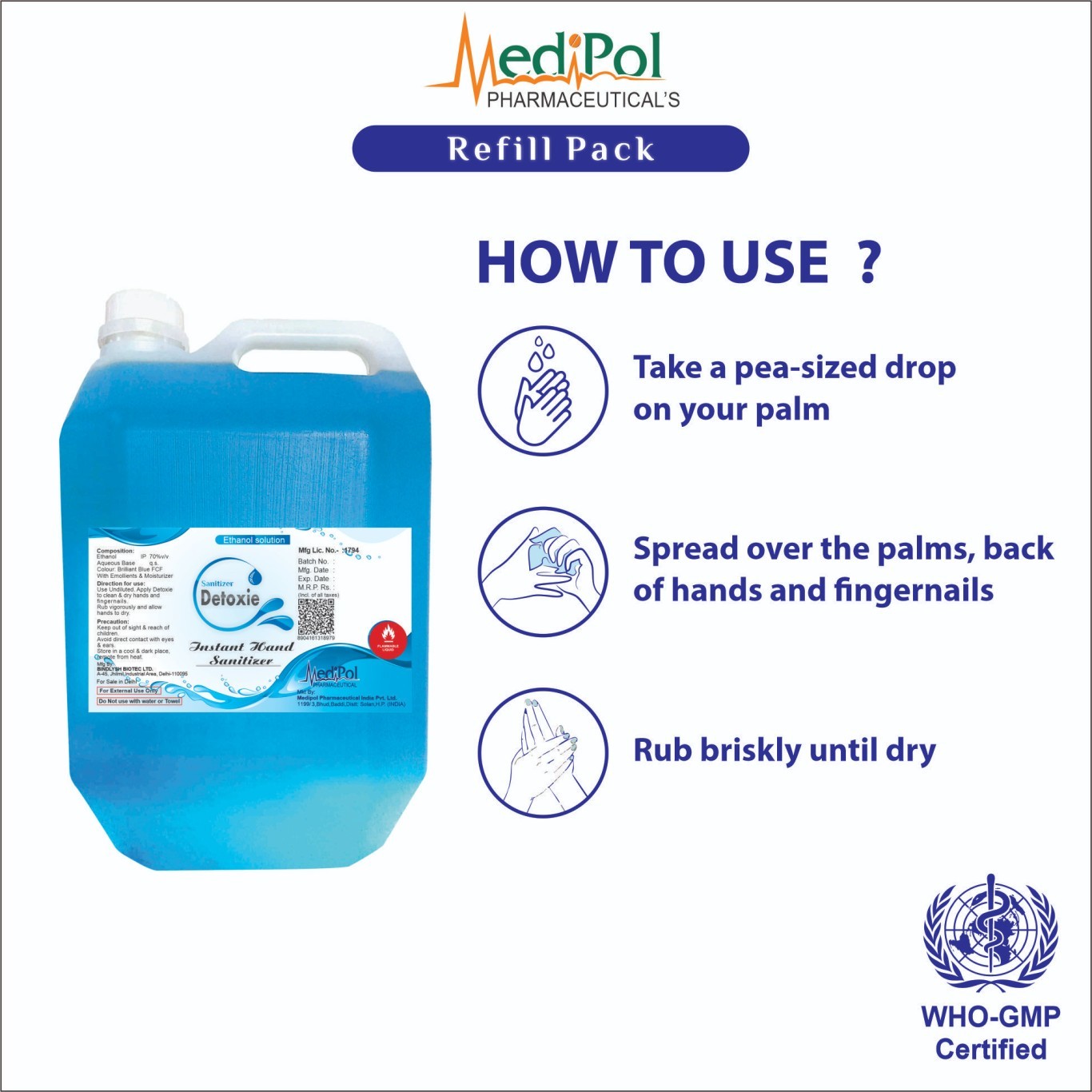 5000 Ml Detoxie Instant Hand Sanitizer - Gel Base With 70% Alcohol Content , Kills 99.9% Germs In 20-30 Seconds, Suitable For All Ages