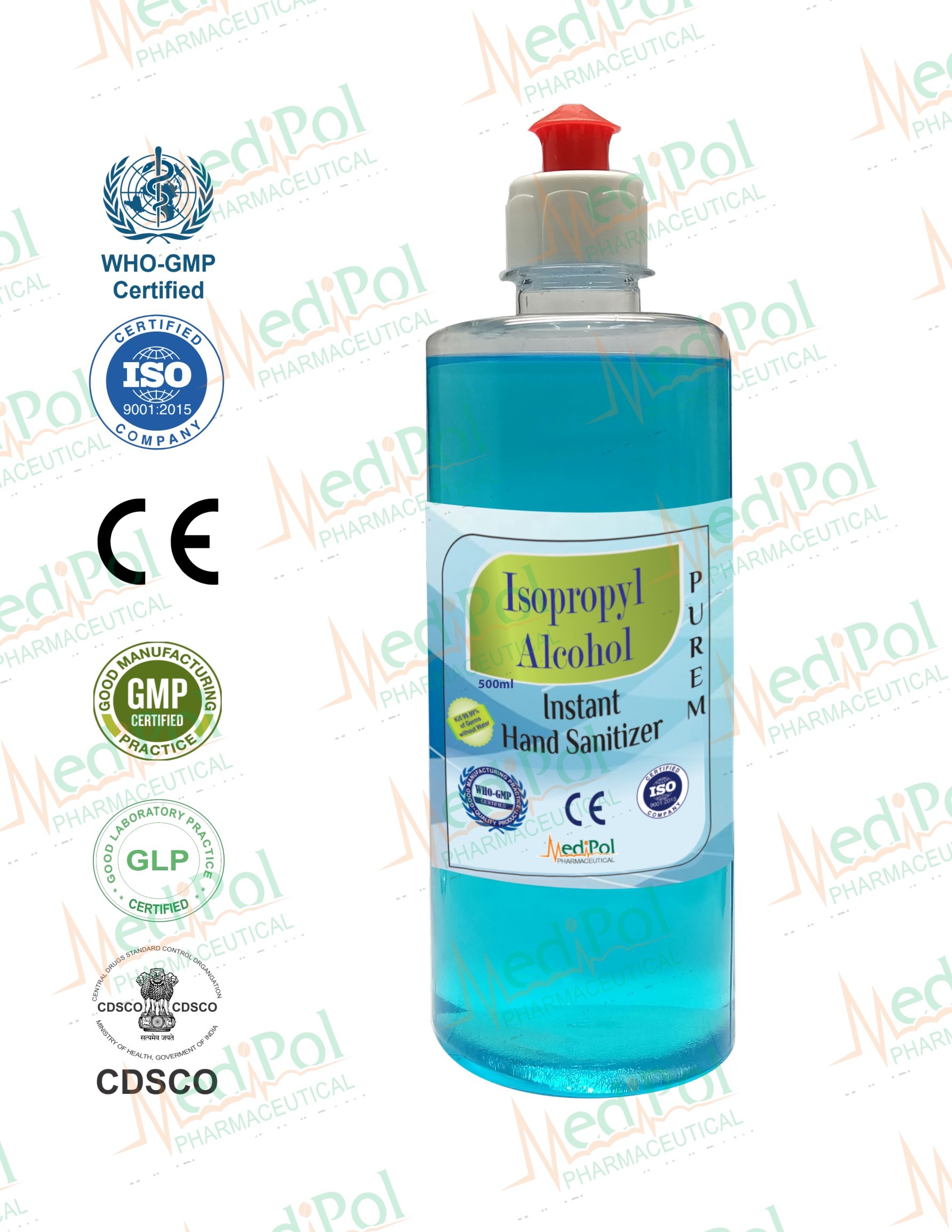 500 Ml Liquid Isopropyl Alcohol Instant Hand Sanitizer - Gel Base Formula, 70% Iso Propyl Alcohol, Blue Color, 24 Months Shelf Life - For All Ages, External & Multiple Use
