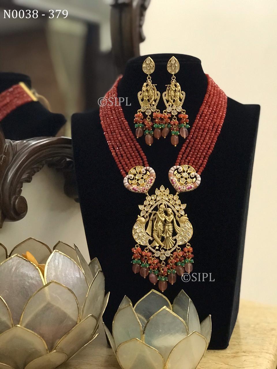 Lord Radha Krishan Temple Jewellery - Handmade Brass Necklace, 18 Inch With Uncut Kundan Stone And Crystal Beads, Dangle Earrings For Women - Perfect For Weddings And Anniversaries