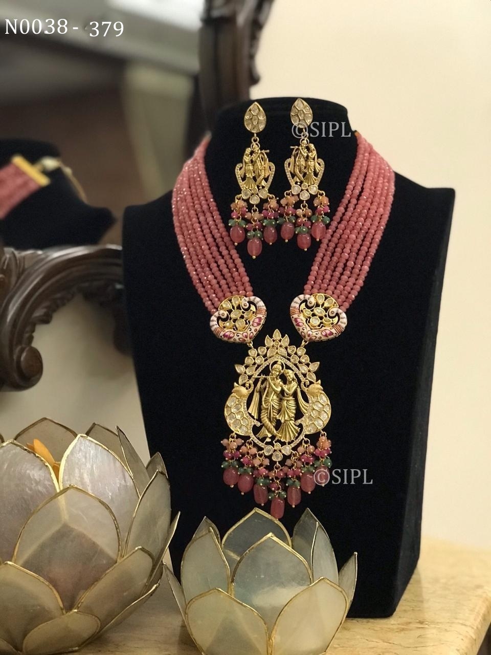 Lord Radha Krishan Temple Jewellery - Handmade Brass Necklace, 18 Inch With Uncut Kundan Stone And Crystal Beads, Dangle Earrings For Women - Perfect For Weddings And Anniversaries