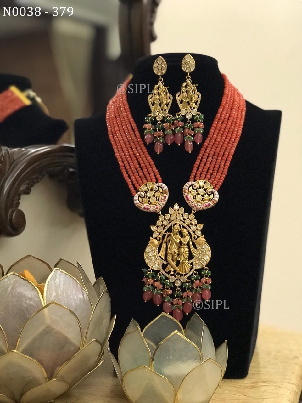 Lord Radha Krishan Temple Jewellery - Handmade Brass Necklace, 18 Inch With Uncut Kundan Stone And Crystal Beads, Dangle Earrings For Women - Perfect For Weddings And Anniversaries