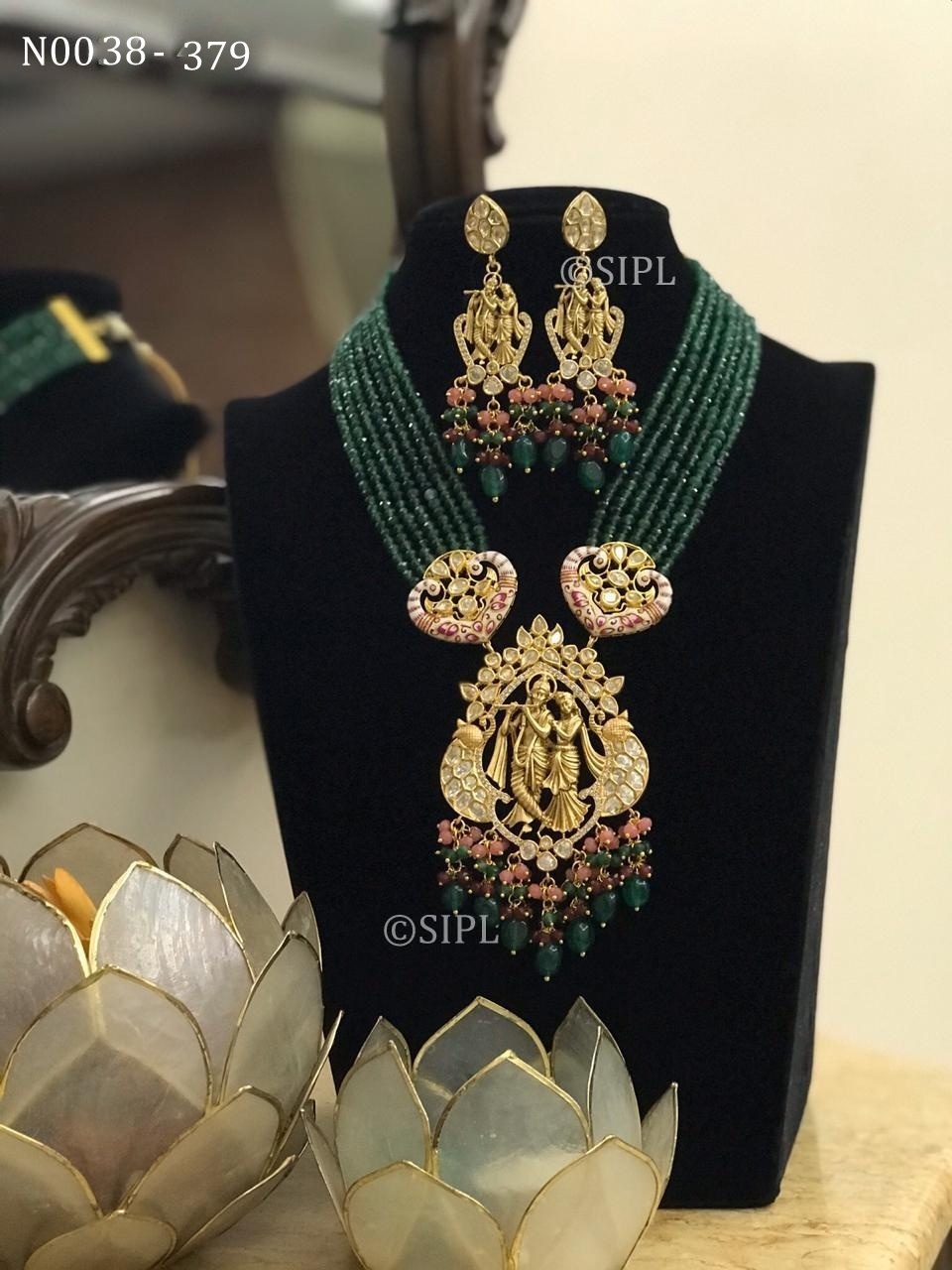 Lord Radha Krishan Temple Jewellery - Handmade Brass Necklace, 18 Inch With Uncut Kundan Stone And Crystal Beads, Dangle Earrings For Women - Perfect For Weddings And Anniversaries