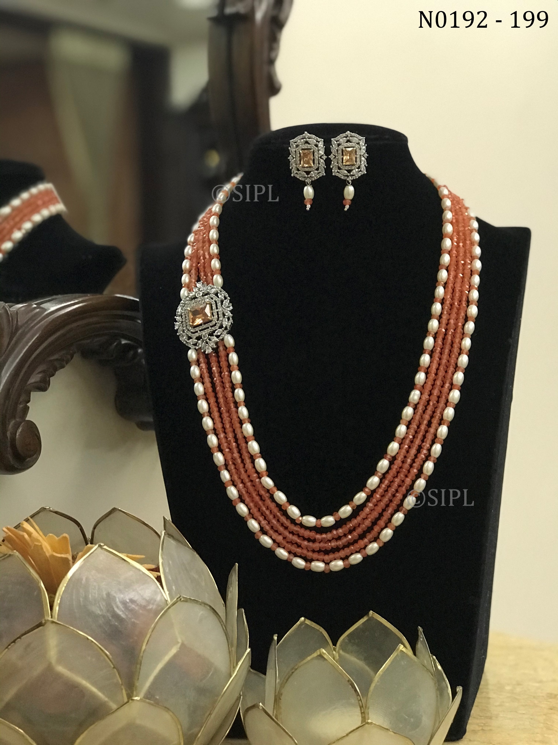 Classic Design Side Broach Necklace Set - Brass With White Plating, 22 Inch Length, Freshwater Baroque Pearl And Crystal Beads, Perfect For Parties And Weddings