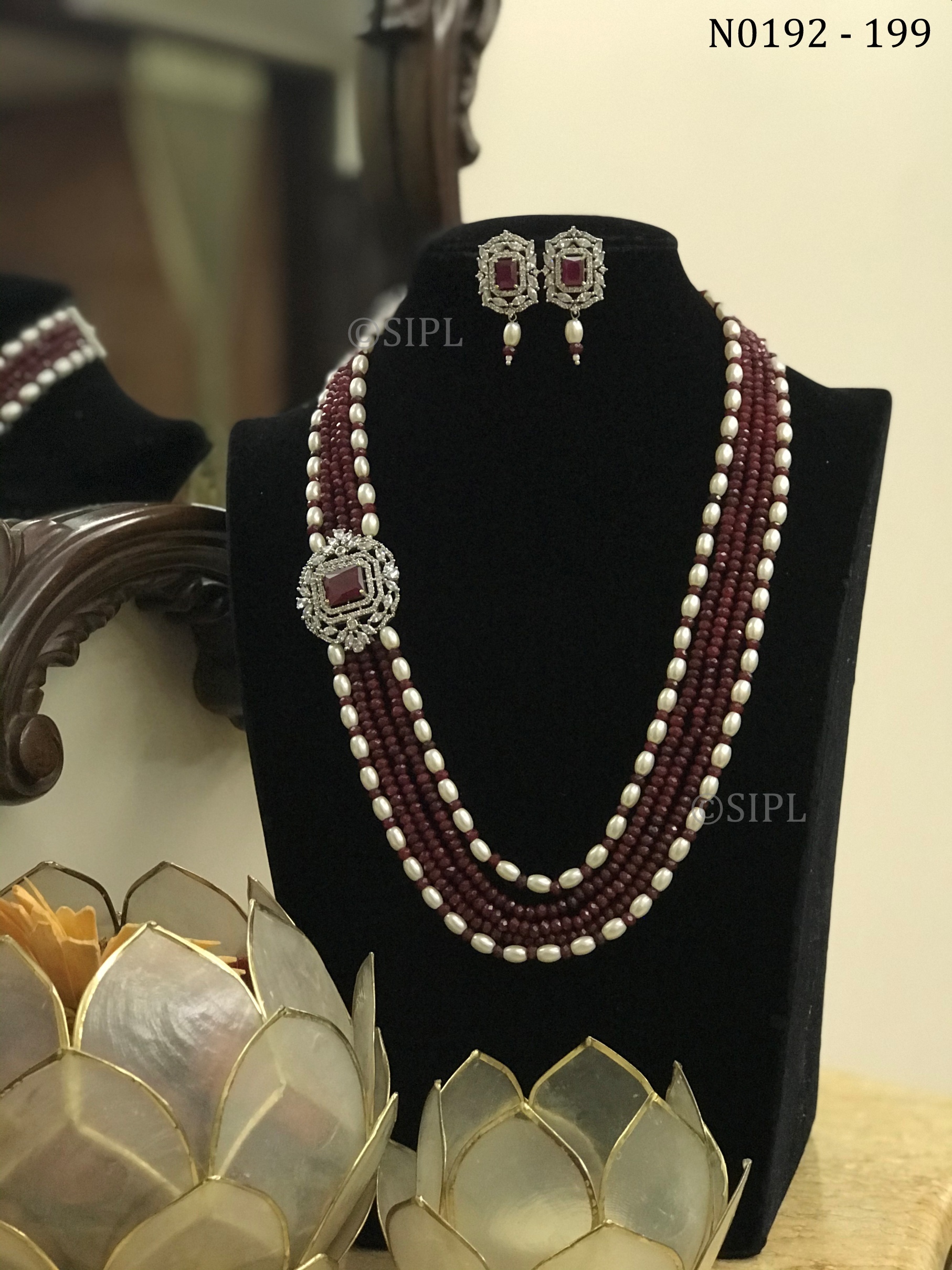 Classic Design Side Broach Necklace Set - Brass With White Plating, 22 Inch Length, Freshwater Baroque Pearl And Crystal Beads, Perfect For Parties And Weddings