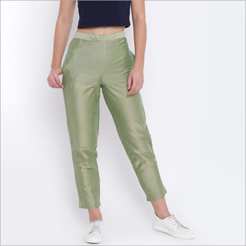 Ladies Chanderi Silk Pant - Handwork, Double Pockets | Quick Dry, Plain Pattern, Stylish Green Color For All Seasons