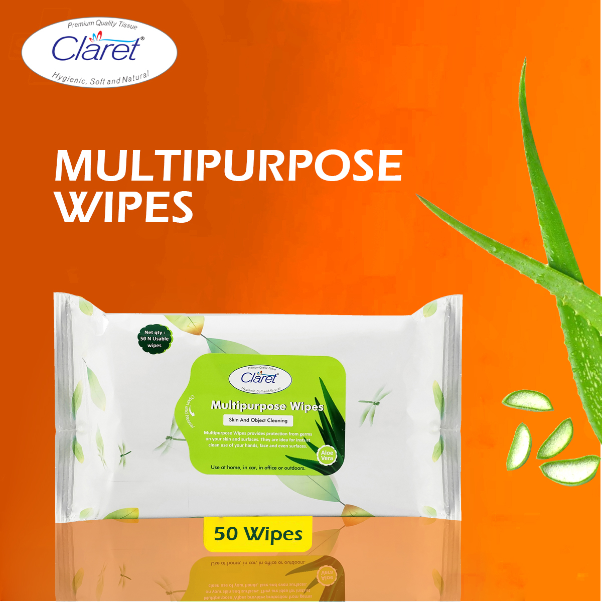 Non Woven Fabric Claret Multipurpose Aleovera Wet Wipes (Skin & Object Cleaning) 50 Pcs
