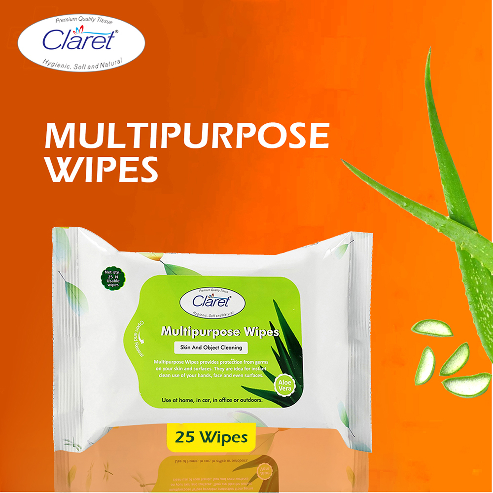 Non Woven Fabric Claret Multipurpose Aleovera Wet Wipes (Skin & Object Cleaning) 25 Pcs