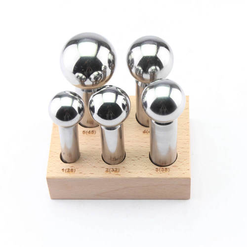 Dapping Punch Set - Stainless Steel, 5 Punch Sizes (28, 32, 35, 40, 45mm) | Precision CNC Milled, Heat-Treated, Smooth Surface Finish, Includes Steam Beech Wood Stand