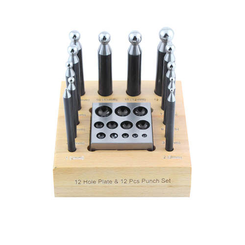 12 Cavity Dapping Block & 12 Dapping Punch Set - High-Quality Steel, 4.5x4.5x3.75 Inch , Complete with Steam Beech Wood Stand, Heat-Treated for Strength, Smooth Surface Finish, Accurate CNC Milled Sizes