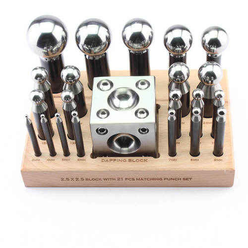 Silver 2.5" Square Dapping Block & 21 Dapping Punch Set W/Stand