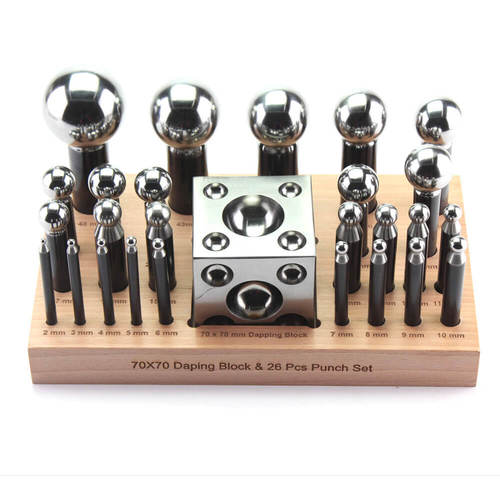 Silver 2.75" Square Dapping Block & 26 Dapping Punch Set W/Stand