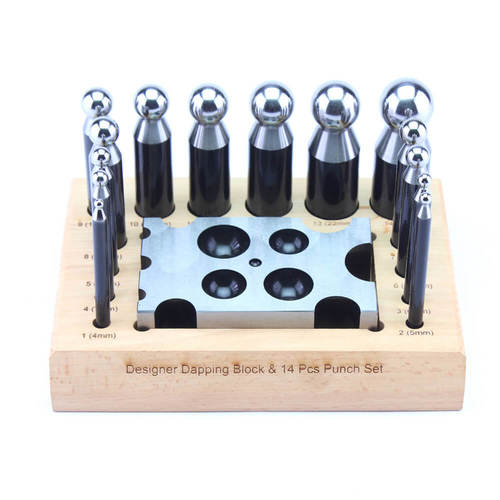 Silver 4" Designer Dapping Block & 14 Dapping Punch Set W/Stand