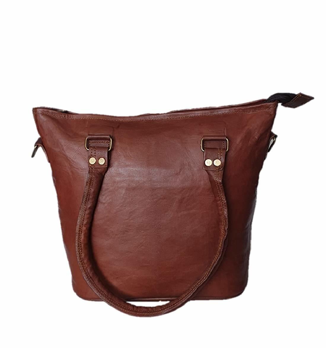 Leather Tote Bag - Goat Leather, 14/16/18 Inches, Brown | Spacious Design, Adjustable Shoulder Strap, Thick Puffy Handles