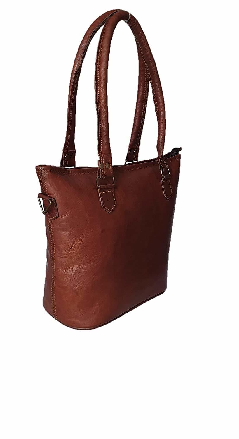 Leather Tote Bag - Goat Leather, 14/16/18 Inches, Brown | Spacious Design, Adjustable Shoulder Strap, Thick Puffy Handles