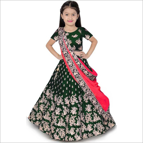 Doll Kids Designer Lehenga Choli - Embroidered Green & Purple Dress, Customized Size, Washable, Perfect Fitting For Girls
