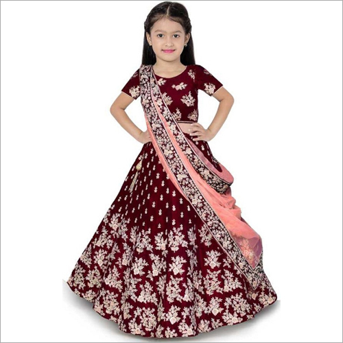 Doll Kids Designer Lehenga Choli - Embroidered Green & Purple Dress, Customized Size, Washable, Perfect Fitting For Girls