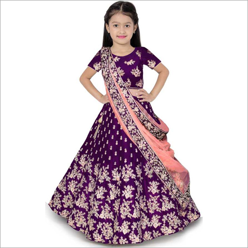 Doll Kids Designer Lehenga Choli - Embroidered Green & Purple Dress, Customized Size, Washable, Perfect Fitting For Girls