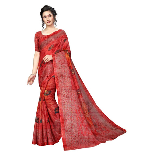 Jute Silk Saree - Silk Material, Lightweight, Elegant Red Color | Ideal for Party Wear, Printed Pattern, Suitable for All Seasons