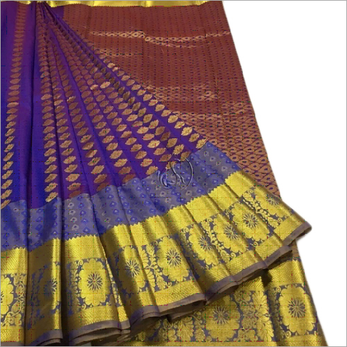 ब्लू-गोल्डन कांजीवरम सिल्क साड़ी