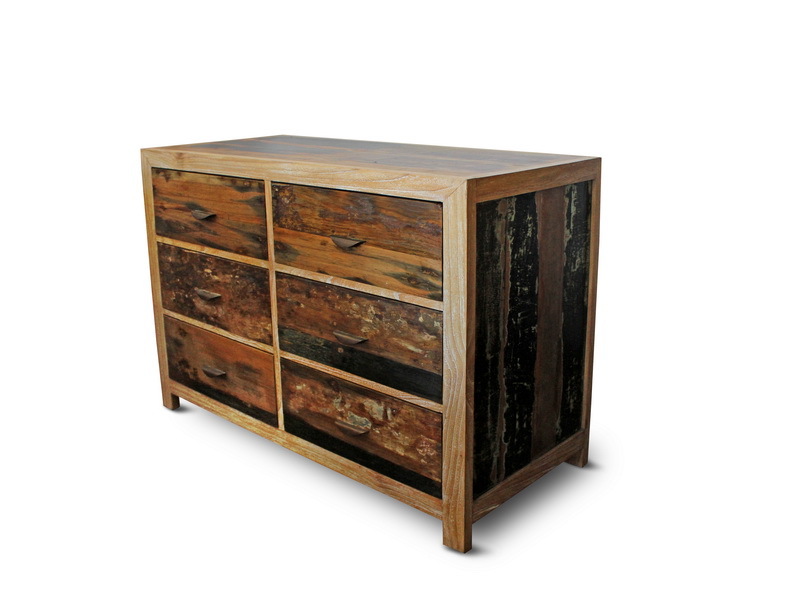 Natural Smooth Finish Old Wood Chest Of 6 Drawers.