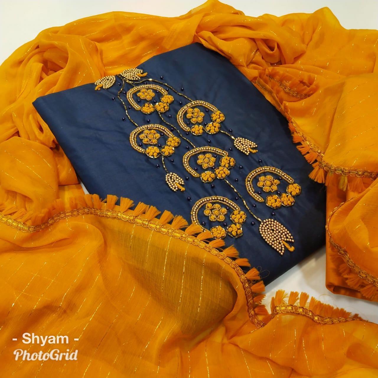 Dress Material - Pc Cotton Top, Cotton Bottom, Free Size Semi-stitched | Elegant Hand Work, Comfortable Fit, Exclusive Design, Najmeen Fabric