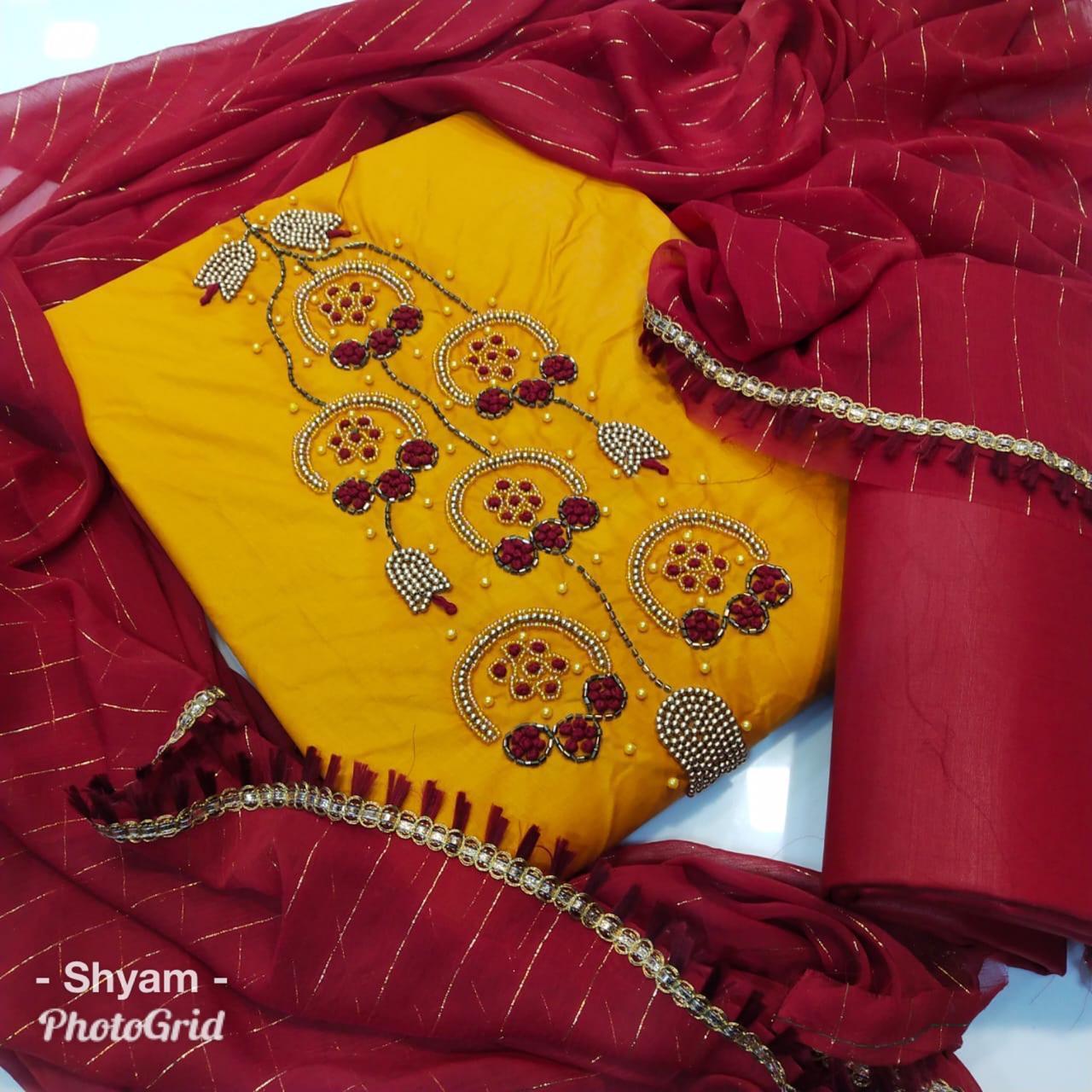Dress Material - Pc Cotton Top, Cotton Bottom, Free Size Semi-stitched | Elegant Hand Work, Comfortable Fit, Exclusive Design, Najmeen Fabric