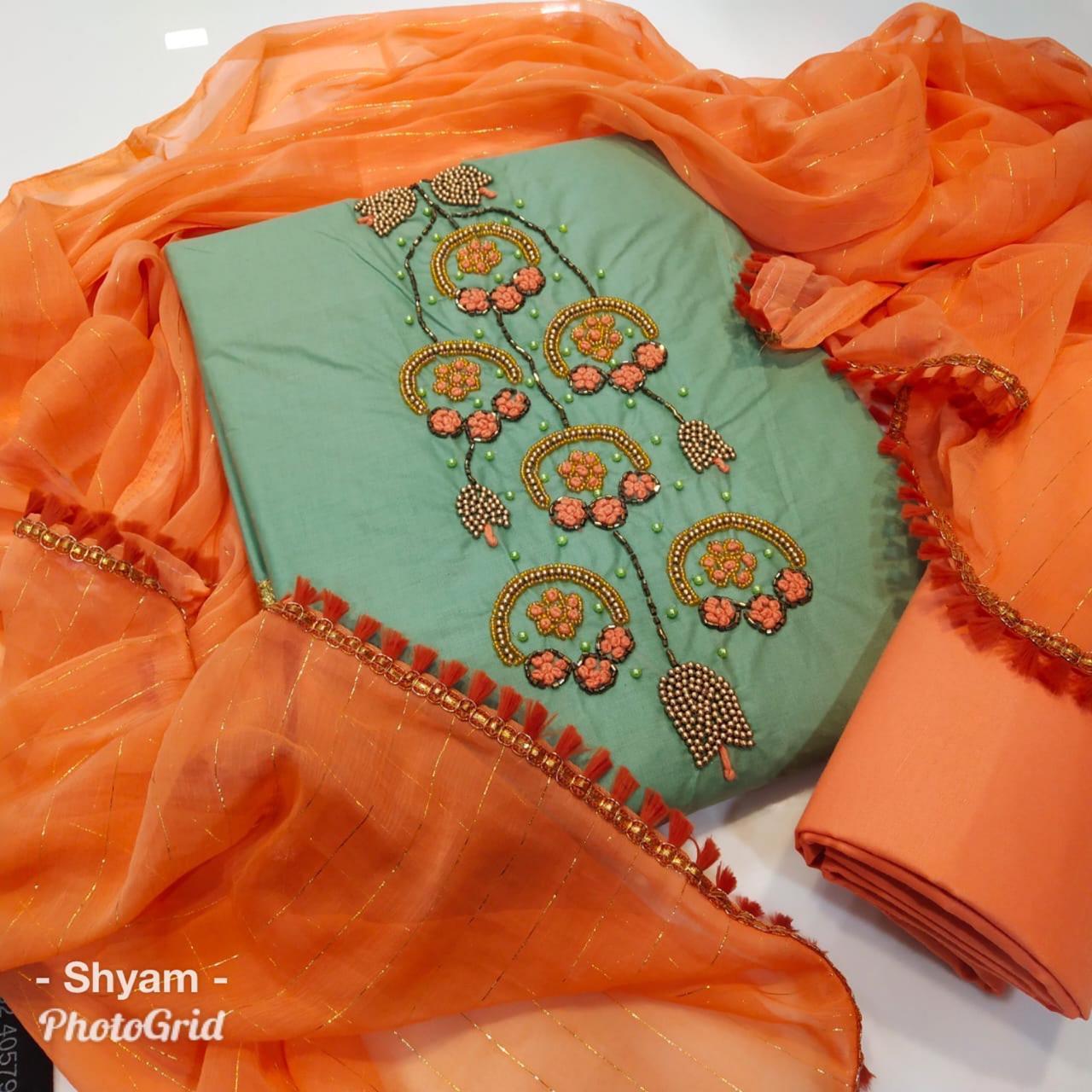 Dress Material - Pc Cotton Top, Cotton Bottom, Free Size Semi-stitched | Elegant Hand Work, Comfortable Fit, Exclusive Design, Najmeen Fabric