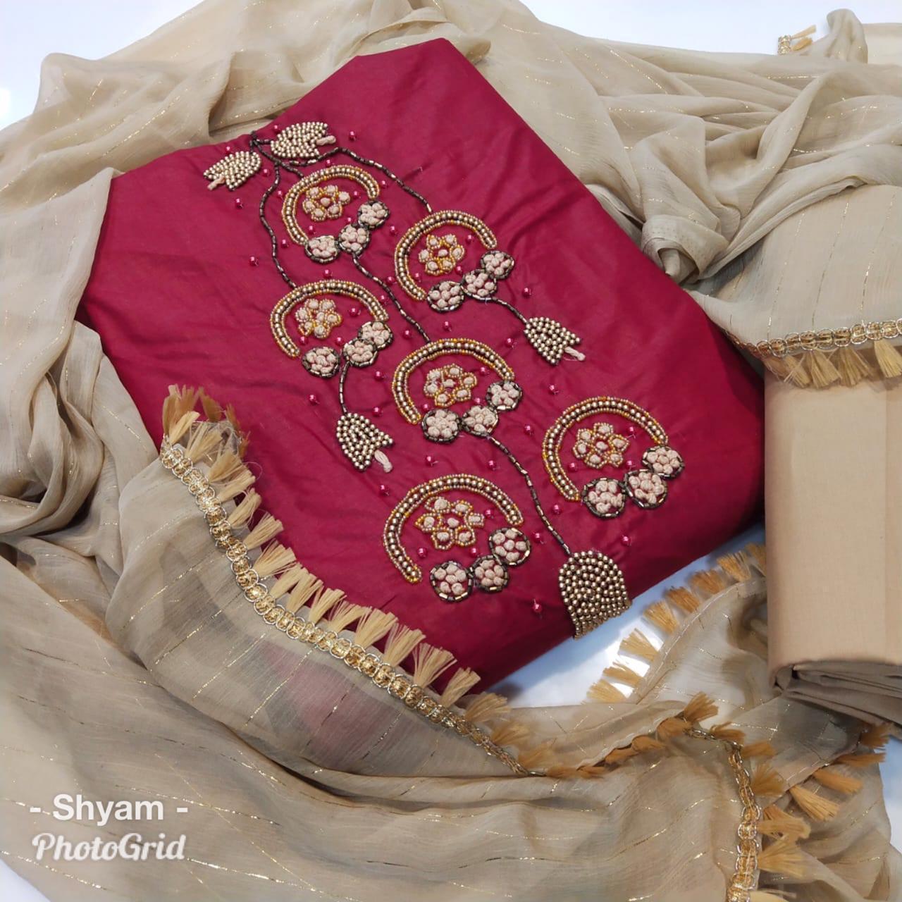 Dress Material - Pc Cotton Top, Cotton Bottom, Free Size Semi-stitched | Elegant Hand Work, Comfortable Fit, Exclusive Design, Najmeen Fabric