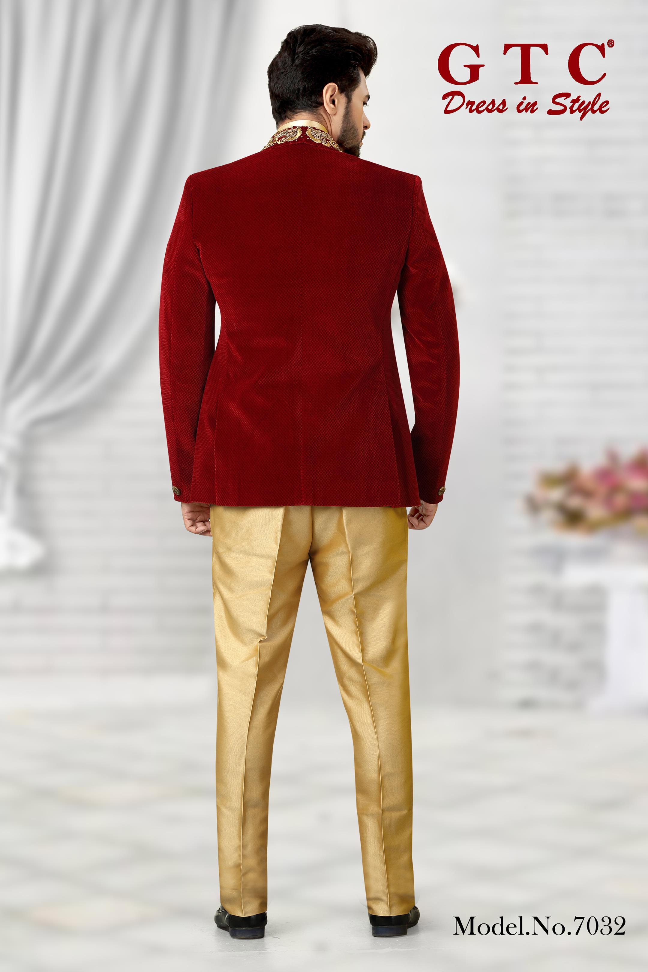 Hand Work Suit - Imported Velvet, Custom Size Available | Luxurious Red With Gold Trouser, Hand-beaded Lapel Design