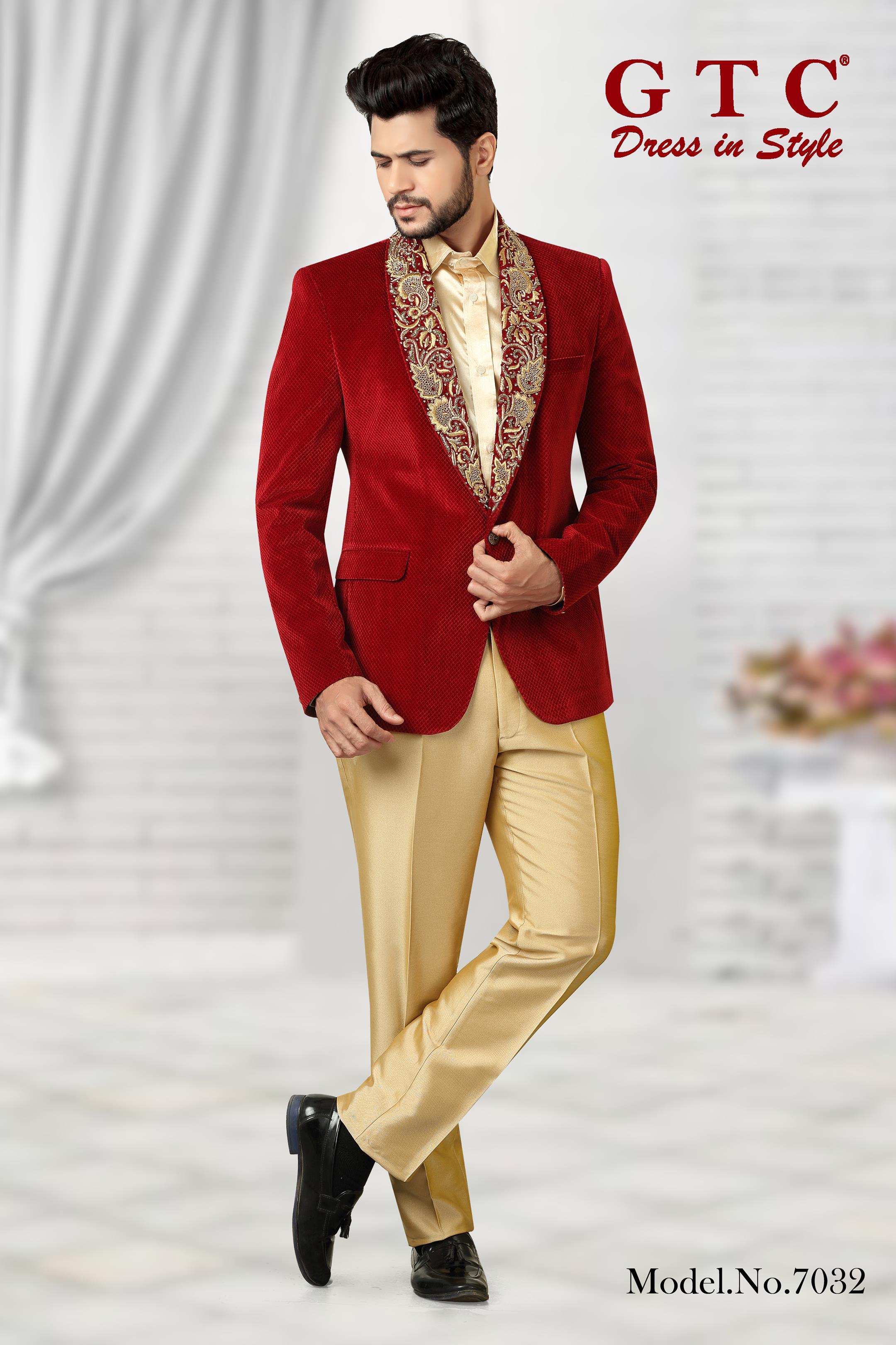 Hand Work Suit - Imported Velvet, Custom Size Available | Luxurious Red With Gold Trouser, Hand-beaded Lapel Design