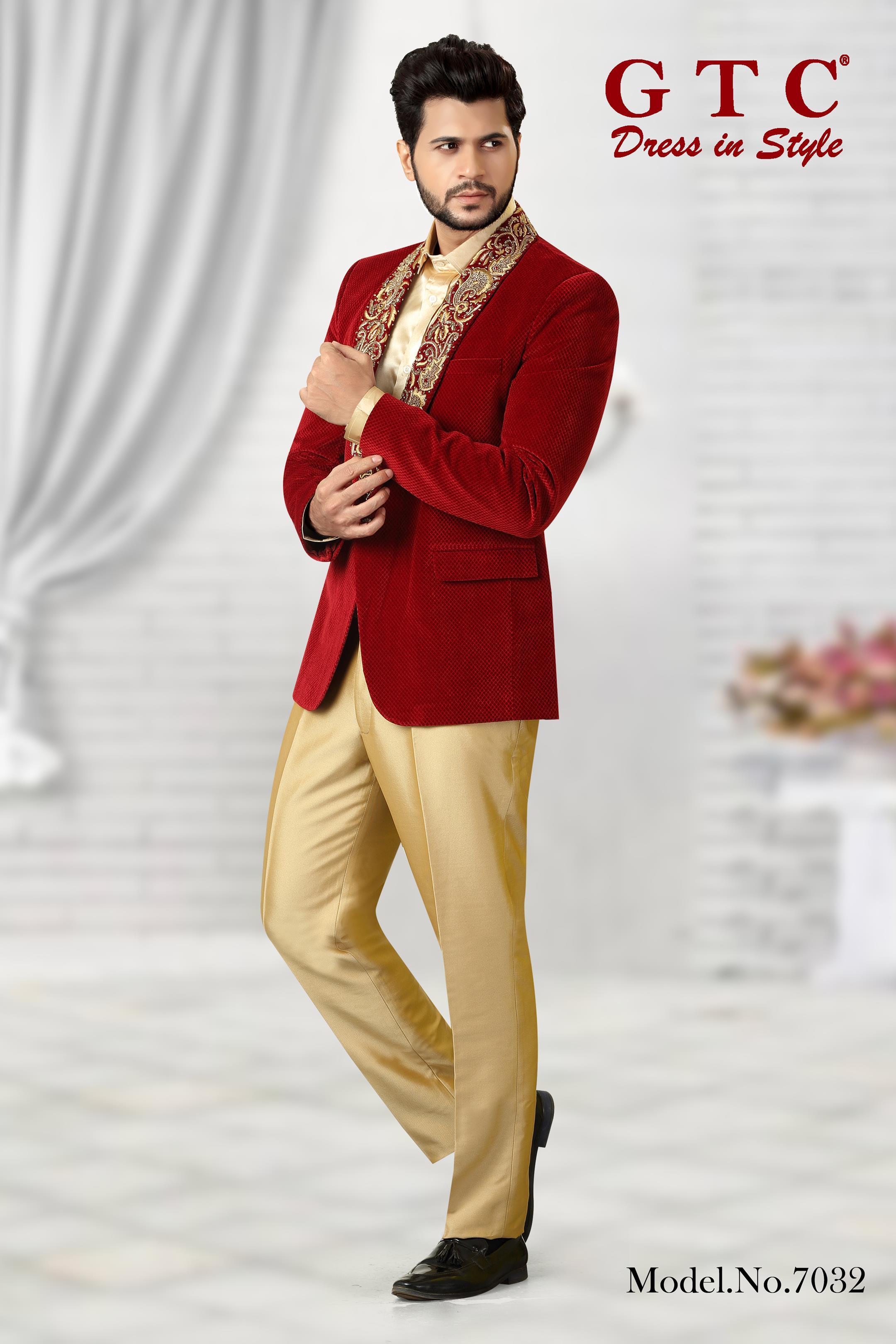 Hand Work Suit - Imported Velvet, Custom Size Available | Luxurious Red With Gold Trouser, Hand-beaded Lapel Design