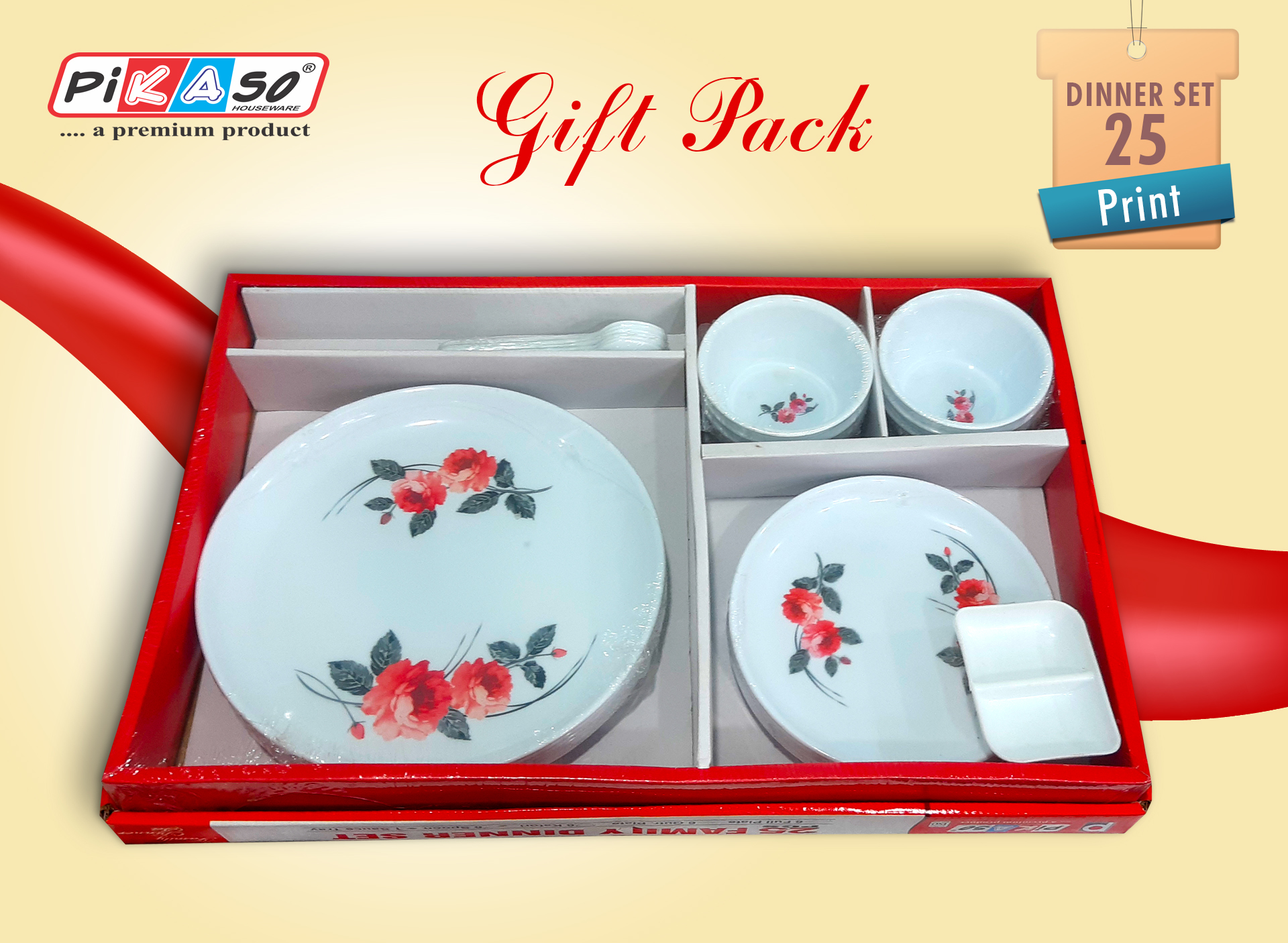 Round Dinner Set - 25 Piece Set | Durable Polypropylene, 279.4x279.4x203.2 Mm, Vibrant White-orange-yellow-green Colors, Customizable Designs