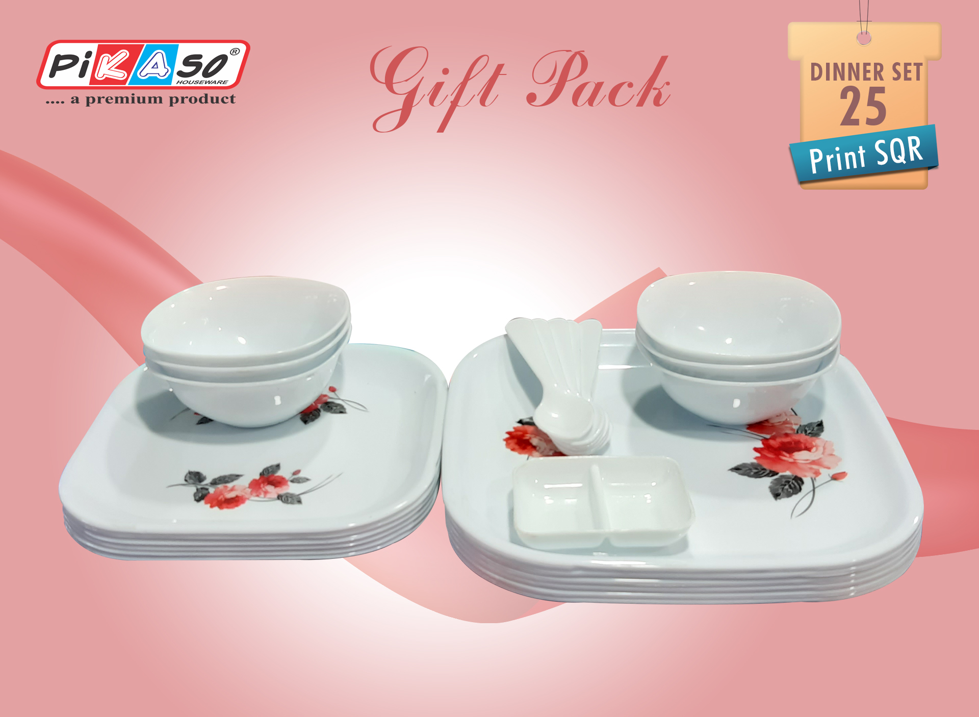 Printed Round Dinner Sets 25 - Polypropylene Material, 25 Pieces , White Color, Attractive Designs For Special Occasions