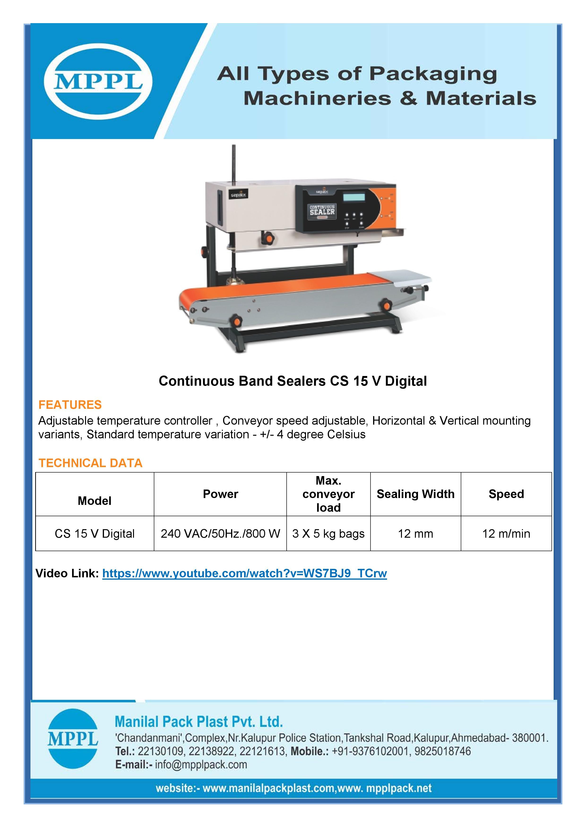 Continuous Band Sealer Cs 15 V Digital Application: Bag Sealing