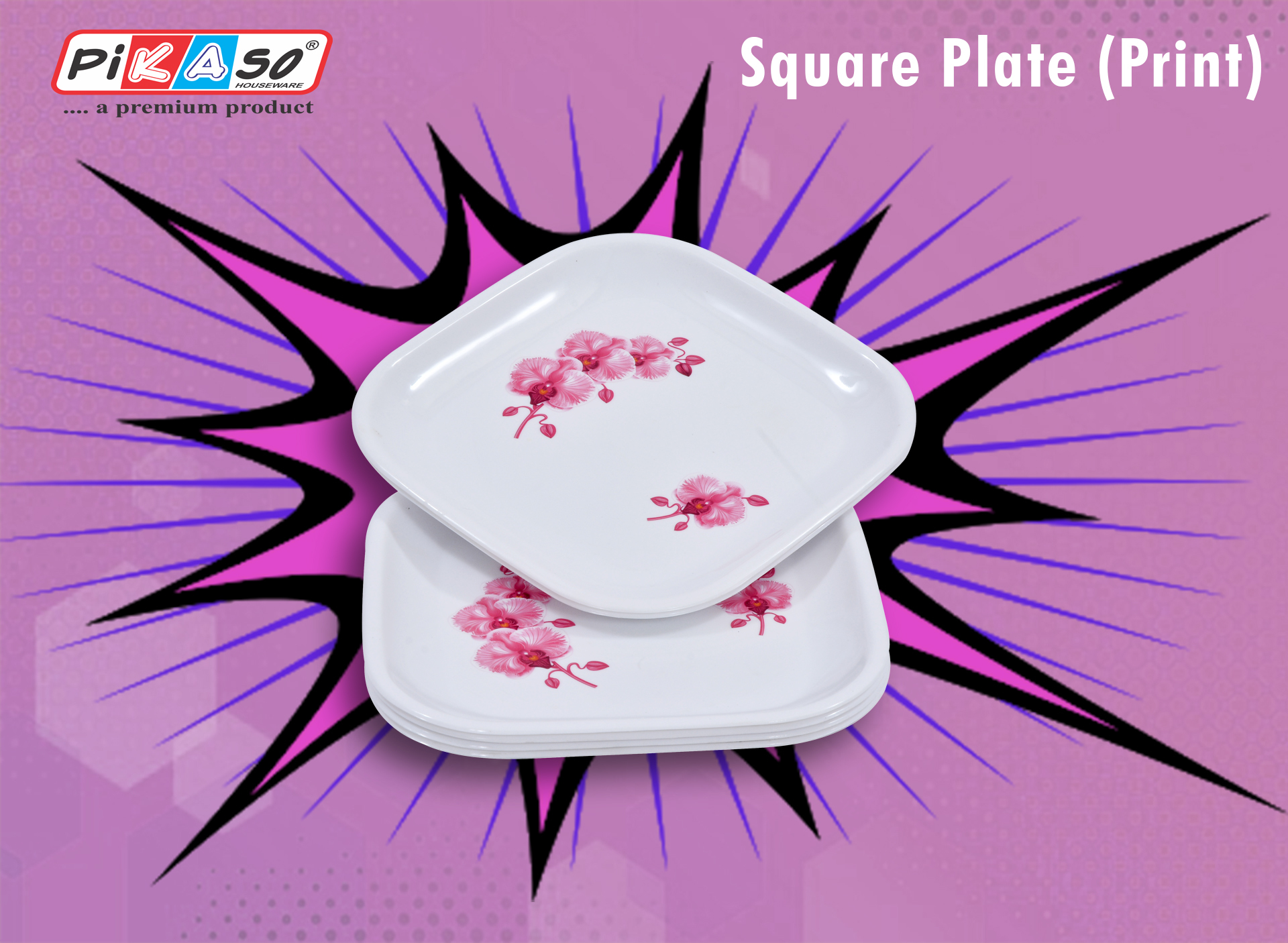 Square Full Plate (6 Pc Set) - Polypropylene, 10.5x10.5x1.2 Inch , White-orange-yellow-green Design, Microwave Safe, 176 Grams