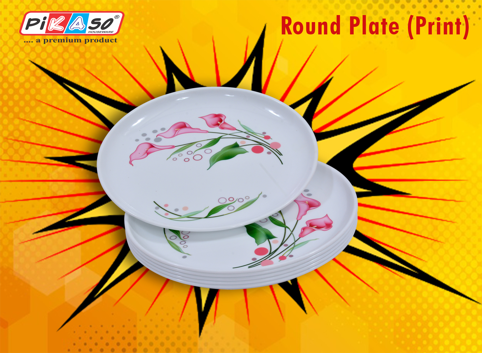 Printed Square Full Plate (6 Pc Set) - Polypropylene Material, 11 Inch Size, White (Printed) Color | Injection Molding, Soft Hardness, Square Shape