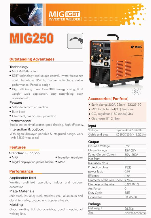 Mig Welding Machine - 0.8mm Internal Mig Wire, 24/7 Efficiency .85, Insulation Grade F-ip21s