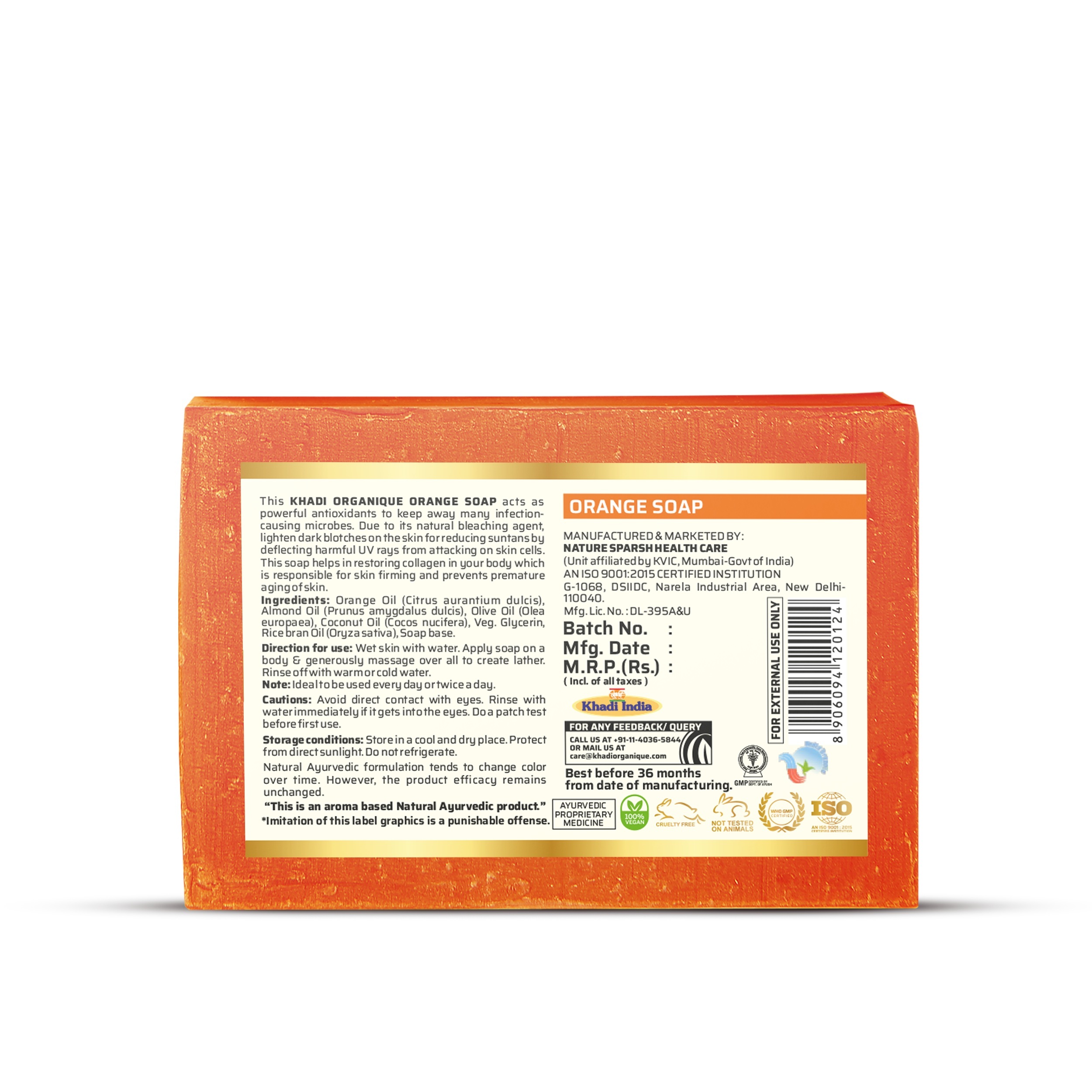 Khadi Organique Orange Soap - Glycerin, 125 Gm | Herbal Bath Soap, Enriched With Vitamin C, Gentle Exfoliation, Refreshing Fragrance, Suitable For All Skin Types