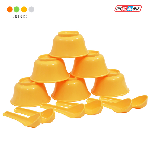 चम्मच के साथ सफ़ेद-नारंगी-पीला-हरा सूप बाउल (6 पीस सेट)