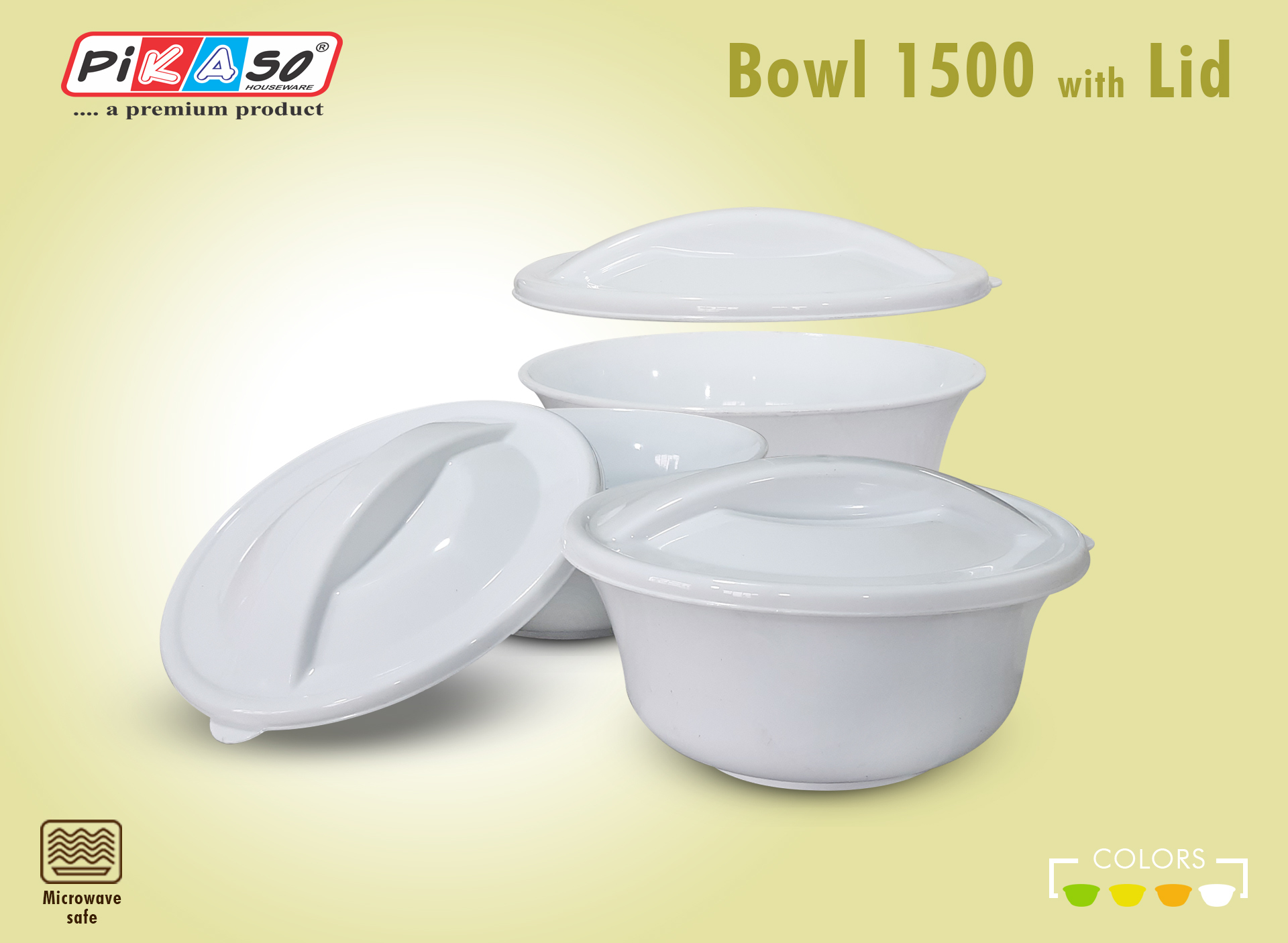 Bowl 2000 With Lid (Shrink Pack) - Polypropylene, 2000 Ml Size, Soft White-orange-yellow-green Color , Microwave Safe, Round Shape, 10x6.5x4 Dimensions